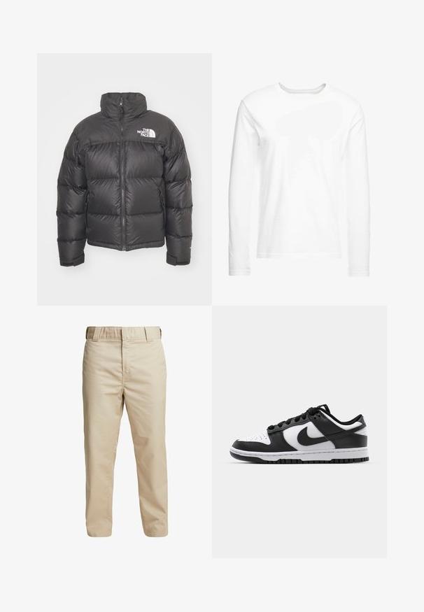 Chaqueta de plumas negra con cuello alto, cierre de cremallera y logotipo. Presenta secciones acolchadas y puños elásticos para mayor calidez.; Camiseta blanca de manga larga hecha de algodón suave. Cuello redondo con dobladillos rectos y sin patrones ni gráficos visibles.; Pantalones de algodón color beige con corte slim, piernas rectas y pasadores para cinturón; textura suave y diseño minimalista sin acentos visibles.; Zapatillas Nike Dunk en blanco y negro con parte superior de cuero, puntera perforada, cordones negros y suela de goma negra con diseño de tracción.