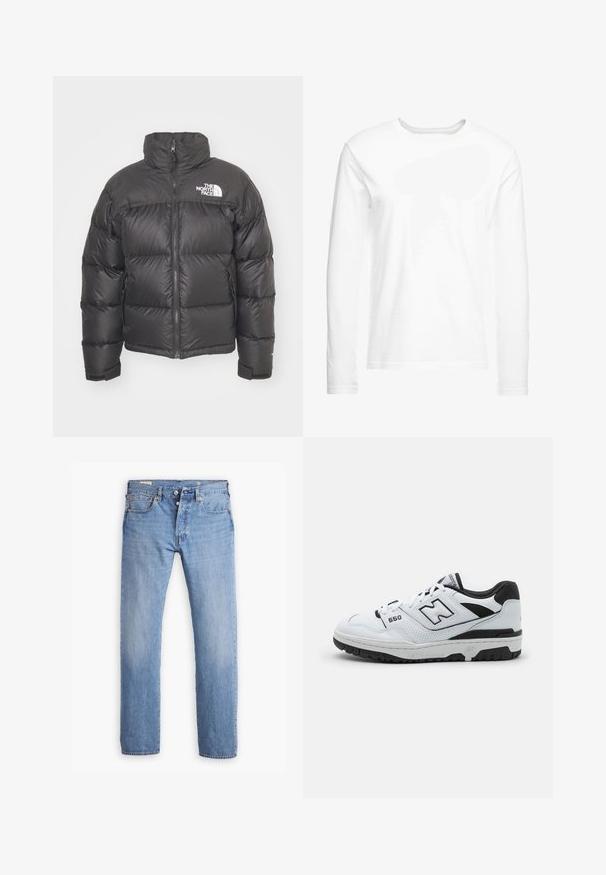 Giacca a vento nera con collo alto, chiusura con zip e logo. Presenta sezioni trapuntate e polsini elasticizzati per un maggiore calore.; T-shirt bianca a maniche lunghe realizzata in morbido cotone. Collo a girocollo con orli dritti e senza motivi o grafiche visibili.; Levi's® 501® LEVI'S® ORIGINAL - Jeans a sigaretta - smooth cruise cool; Sneaker bassa bianca con accenti neri, upper in pelle e mesh, dettagli perforati, colletto imbottito e suola in gomma spessa. Modello 550.