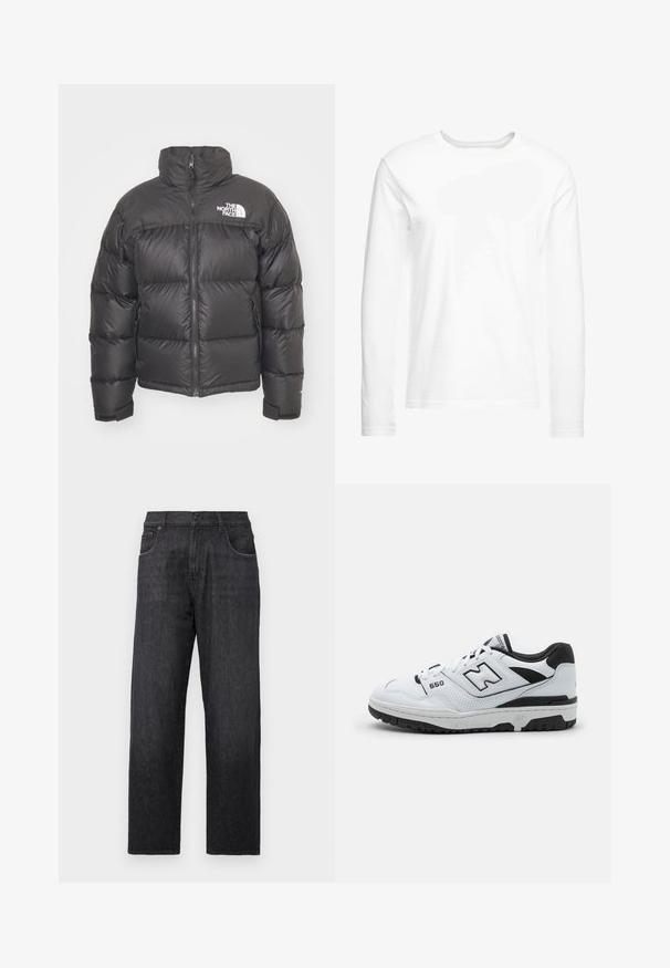 Melnā pūkainā jaka ar augstu apkakli, ar rāvējslēdzēju un logotipu. Iezīmējas ar izšūtiem fragmentiem un elastīgām piedurknēm papildu siltumam.; Garā piedurkņu balta T-krekls, kas izgatavots no mīksta kokvilnas. Apaļa kakla izgriezuma forma ar taisnām apakšmalām un bez redzamām rakstiem vai grafikas.; Melnas deniņa bikses ar taisnu kāju dizainu, piecu kabatu stilu un pogu un rāvējslēdzēju. Audumam ir smalka tekstūra.; Baltas zemu topu sneakers ar melniem akcentiem, ādas un sieta augšdaļa, perforēta apdare, mīkstināta apkakle un bieza gumijas zole. Modelis 550.