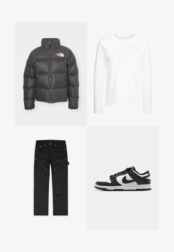 Black puffer jacket with a high neck, zip closure, and logo. Features quilted sections and elastic cuffs for added warmth.; Long-sleeve white t-shirt made of soft cotton. Crew neckline with straight cut hems and no visible patterns or graphics.; Black denim work pants with a straight fit, multiple front pockets, silver hardware, and reinforced knee areas. Smooth texture and sturdy design.; Black and white Nike Dunk sneakers featuring a leather upper, perforated toe, black laces, and a black rubber sole with tread design.