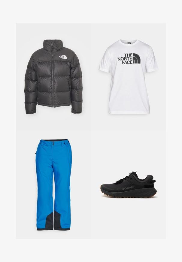 Svart puffjacka med hög krage, dragkedja och logotyp. Har kviltade sektioner och elastiska ärmslut för extra värme.; Vitt bomullströja med svart grafisk tryck som har text och en rundad logotypdesign. Rund halsringning och korta ärmar. Enslig textur.; Blå snöbyxor med en slät yta, dubbla framknappar och svarta detaljer vid fållarna och sidofickorna för funktionalitet.; Svart Columbia träningsskor med en texturerad yta, vadderad krage och gummisulor med ett distinkt mönster för grepp.