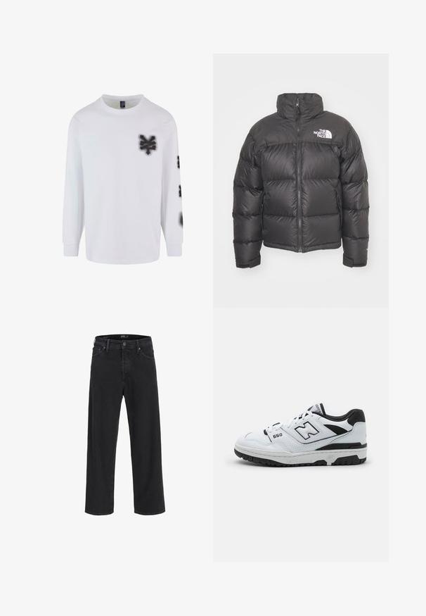 Schwarze Pufferjacke mit hohem Kragen, Reißverschluss und Logo. Verfügt über gesteppten Elemente und elastische Bündchen für zusätzlichen Wärme.; Langärmliges weißes T-Shirt aus Baumwolle, mit Grafiken im Graffiti-Stil in Schwarz auf der linken Brust und am Ärmel. Klassisches Rundhalsausschnitt-Design.; Schwarze gerade geschnittene Jeans aus Denim mit Knopf- und Reißverschluss, Gürtelschlaufen sowie Vorder- und Gesäßtaschen.; Weiße Low-Top-Sneaker mit schwarzen Akzenten, Obermaterial aus Leder und Mesh, perforierte Details, gepolsterter Kragen und dicke Gummisohle. Modell 550.