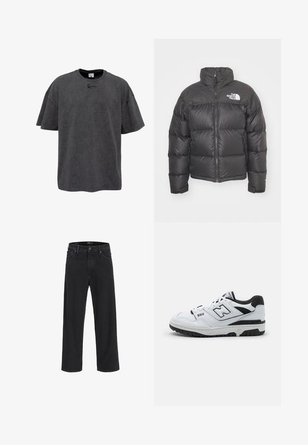 Melnā pūkainā jaka ar augstu apkakli, ar rāvējslēdzēju un logotipu. Iezīmējas ar izšūtiem fragmentiem un elastīgām piedurknēm papildu siltumam.; Pelēka pārāk liela T-kreklu, kas izgatavota no kokvilnas maisījuma, ar apaļu kakla izgriezumu un īsām piedurknēm. Uz krūtīm ir smalks izšuvums ar logotipu.; Melna klasisko taisno kāju džinsu bikses ar pogu un rāvējslēdzēju, jostas cilpas, kā arī priekšējām un aizmugurējām kabatām.; Baltas zemu topu sneakers ar melniem akcentiem, ādas un sieta augšdaļa, perforēta apdare, mīkstināta apkakle un bieza gumijas zole. Modelis 550.