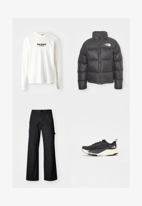 Zwarte pufferjack met hoge kraag, ritssluiting en logo. Bevat gequiltte secties en elastische manchetten voor extra warmte.; Witte lange mouw geribbelde sweatshirt met een zwart logo "DICKIES" en "SINCE '22" eronder, ronde hals en manchetten.; Zwarte, wijde broek gemaakt van duurzaam materiaal. Voorzien van een knoopsluiting en zijzakken. Glad textuur met een strakke uitstraling.; Zwarte sportieve schoen met een gestructureerde mesh bovenkant, solide zwarte accenten en een lichte witte buitenzool. Voorzien van vetersluiting en een treklus.