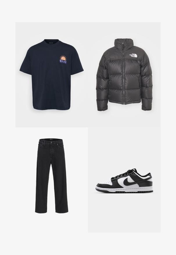 Zwarte pufferjack met hoge kraag, ritssluiting en logo. Bevat gequiltte secties en elastische manchetten voor extra warmte.; Zwart katoenen T-shirt met een grafische afbeelding van een zon en de tekst "SOLAR" in oranje en paars. Korte mouwen, ronde hals, ontspannen pasvorm.; Zwarte recht gesneden denim jeans met knoop- en ritssluiting, riemlussen en voor- en achterzakken.; Zwart-witte Nike Dunk sneakers met een leren bovenwerk, geperforeerde neus, zwarte veters en een zwarte rubberen zool met profiel.