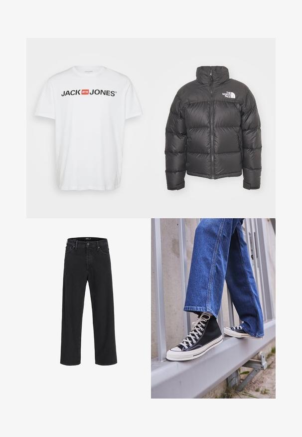 Mustard vest, mille v. pikkade varrukatega, lukuga ning logoga. Omab tikkimise detaile ja elastseid ääriseid soojuse tagamiseks.; Valge puuvillane t-särk, millel on must "JACK & JONES" logo punase ristküliku aktsendiga. Lühikesed varrukad ja ümar kaelus. Sile tekstuur.; Mustad sirgedega teksapüksid, millel on nööp ja lukuga sulgemine, vöökohaga silmad ning ees- ja tagataskud.; Mustad mustade kõrgete tossudega, millel on valge tallaga ja valged paelad, koos vaba sinise denimidega, mis puhkavad hallil piiridel.