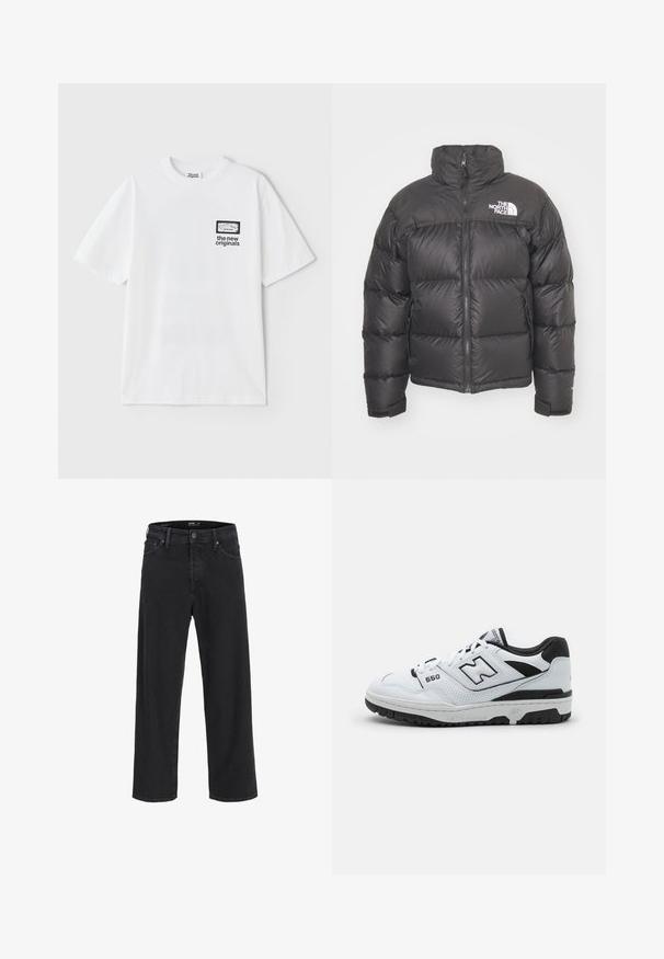 Svart pufferjakke med høy krage, glidelås og logo. Har quiltede seksjoner og elastiske mansjetter for ekstra varme.; Hvit bomulls T-skjorte med korte ermer, med et rektangulært grafisk lommedesign og teksten "de nye originalene" i svart.; Svarte straight-leg denim jeans med knapp- og glidelåslukking, beltestropper og front- og baklommer.; Hvit lav-toppsneaker med svarte detaljer, overdel i lær og mesh, perforert detaljering, polstret krage og tykk gummisåle. Modell 550.