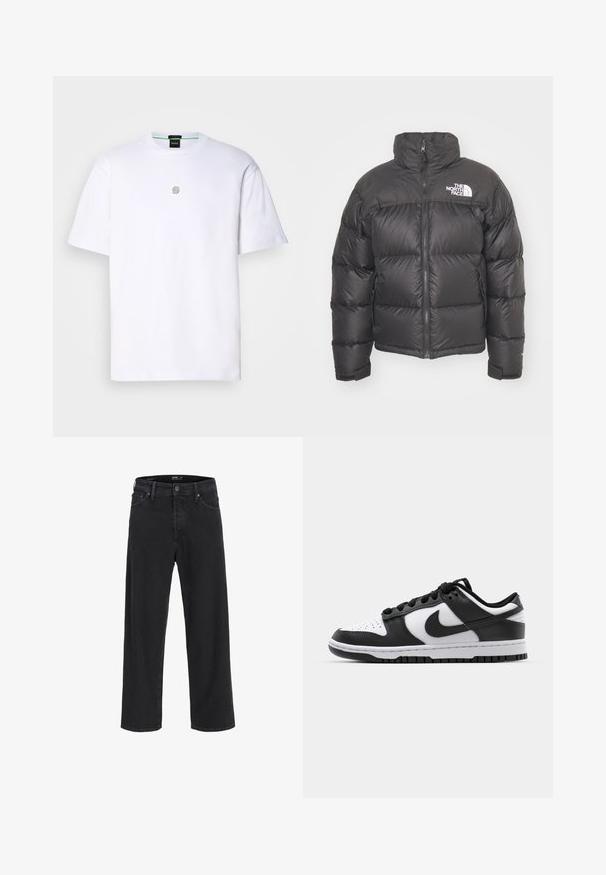Mustan vuorillinen takki, jossa on korkea kaulus, vetoketjukiinnitys ja logo. Takissa on tikatut osiot ja joustavat hihansuut lisälämmön vuoksi.; Valkoinen puuvillainen t-paita lyhyillä hihoilla, jossa on pieni harmaa logo rinnassa, pyöreä kaula-aukko ja sileä, pehmeä pinta.; Mustat suorat farkut nappi- ja vetoketjukiinnityksellä, vyölenkeillä, sekä etu- ja takataskuilla.; Mustat ja valkoiset Nike Dunk -lenkkarit, joissa on nahkapinta, reikätty varvaspään osa, mustat nauhat ja musta kumipohja, jossa on uramalli.