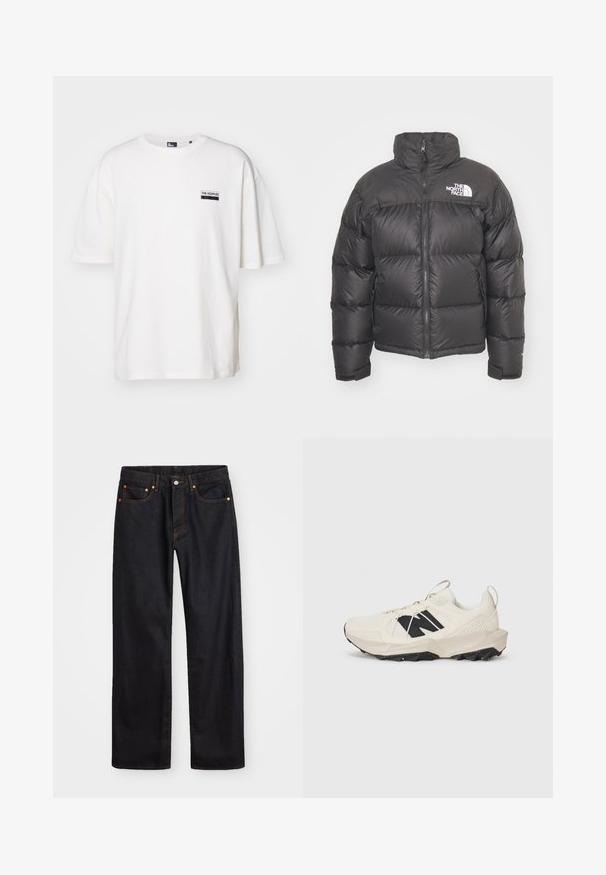 Giacca a vento nera con collo alto, chiusura con zip e logo. Presenta sezioni trapuntate e polsini elasticizzati per un maggiore calore.; T-shirt bianco in cotone con vestibilità relaxed, scollatura tonda e maniche corte. Presenta una piccola etichetta nera sul lato sinistro del petto.; Jeans neri in denim dritto da uomo con cinque tasche e cuciture arancioni, chiusura con bottone e zip sulla vita anteriore.; Sneaker beige chiaro con tomaia in rete, logo nero e suola testurizzata. Accompagnato da un motivo geometrico sulla suola intermedia.