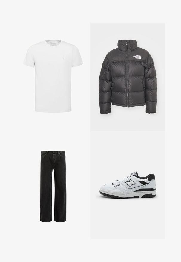 Juodas pūkinis švarkas su aukštu kaklu, užtrauktuku ir logotipo žyme. Savybės: siuvinėjimo sekcijos ir elastingi rankogaliai, suteikiantys papildomą šilumą.; Balta medvilninė marškinėliai su trumpomis rankovėmis ir V formos kaklu. Yra mažas logotipas kairėje krūtinės pusėje. Lygus paviršius, paprastas dizainas.; Juodi džinsai plačiomis kojomis su aukštu liemeniu, su klasikinio penkių kišenių dizainu ir švelniu prasiskverbimu dėl tekstūruotos išvaizdos.; Baltos žemos sportbačiai su juodomis detalėmis, viršus pagamintas iš odos ir tinklinio medžiagos, perforuotos detalės, paminkštintas apykaklė ir storesnis guminis padas. Modelis 550.