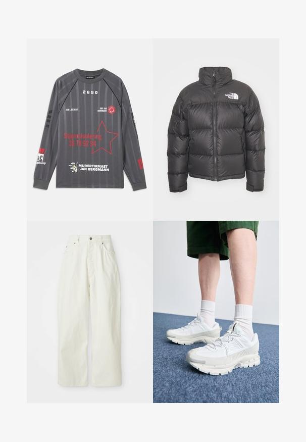 Černá péřová bunda s vysokým límcem, zipem a logem. Obsahuje prošívané části a elastické manžety pro větší teplo.; Tmavě šedá dlouhá košile s vertikálními pruhy, grafika červené hvězdy a bílý a červený text včetně "Stjerneisolering" a "Murerfirmaet Jan Bergmann."; Bílé kalhoty s širokými nohavicemi vyrobené z bavlny, s vysokým pasem, pěti kapsami a kovovým zapínáním na knoflík. Hladká textura s minimalistickým designem.; Bílé sportovní boty s texturovanými překryvy, masivní podrážkou a šedými akcenty. Na nohou mají bílé ponožky a zelené šortky na modrém povrchu.