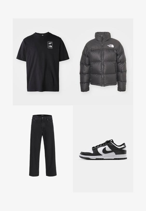 Chaqueta de plumas negra con cuello alto, cierre de cremallera y logotipo. Presenta secciones acolchadas y puños elásticos para mayor calidez.; Camiseta de algodón negra con mangas cortas, escote redondo, que presenta un logotipo gráfico blanco en un marco rectangular en el área del pecho izquierdo.; Jeans de mezclilla negros de pierna recta con cierre de botón y cremallera, trabillas para cinturón y bolsillos delanteros y traseros.; Zapatillas Nike Dunk en blanco y negro con parte superior de cuero, puntera perforada, cordones negros y suela de goma negra con diseño de tracción.