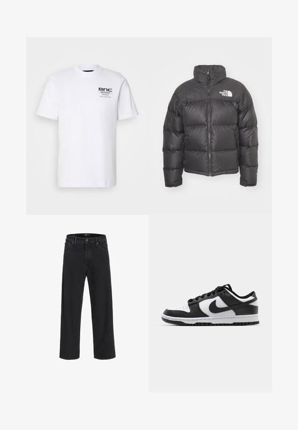 Sort puff jakke med høj hals, lynlås og logo. Har kviltede sektioner og elastiske manchetter for ekstra varme.; Hvid kortærmet t-shirt lavet af bomuld. Har et sort grafisk print på venstre bryst med tekst og logo. Klassisk rund halsudskæring.; Sorte denim jeans med lige ben, knap- og lynlåslukning, bæltestropper samt for- og baglommer.; Sort og hvid Nike Dunk sneakers med læderoverdel, perforeret tå, sorte snørebånd og en sort gummisål med slidbanedesign.