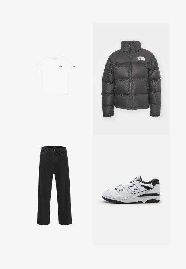 Black puffer jacket with a high neck, zip closure, and logo. Features quilted sections and elastic cuffs for added warmth.; White cotton t-shirt with a crew neck, short sleeves, and a small black logo on the left chest. Simple and classic design.; Black straight-leg denim jeans with button and zipper closure, belt loops, and front and back pockets.; White low-top sneaker with black accents, leather and mesh upper, perforated detailing, padded collar, and thick rubber sole. Model 550.