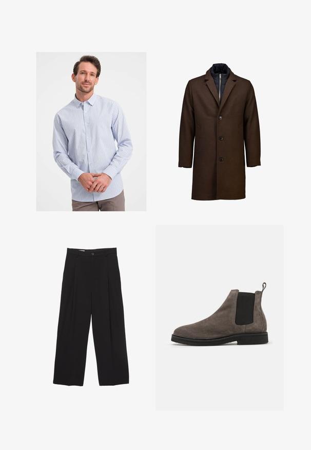Ruskea villakangastakki, jossa on lovellinen kaulus, neljä mustaa nappia, kaksi sivutaskua ja vuorikankaan tummansininen sisävuori. Puolipitkä malli.; Raido sinimust valge nööpidega särk puuvillases kangas. Omab teravat kraed ja pikki varrukaid nööpidega mansettidega. Sile tekstuur.; Mustat väljät housut, jotka on valmistettu sileästä kankaasta ja joissa on litteä vyötärö, etupleaatit ja yksi nappisulku.; Harmaa mokkanahkainen Chelsea-saapas, jossa on joustavat sivupaneelit, pyöreä varvas ja vetoketju. Paksu musta kumipohja. Yksinkertainen ja tyylikäs muotoilu.