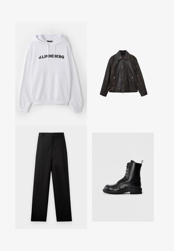Brązowa skórzana kurtka o eleganckim designie, z dużym kołnierzem, zamkiem błyskawicznym z przodu i dwoma kieszeniami na zamek. Gładka faktura i dopasowany krój.; Biała bluza z kapturem, z kieszenią z przodu, sznurkiem do ściągania i wyraźnym czarnym napisem "J. LINDEBERG" na klatce piersiowej. Miękka tekstura materiału.; Czarna, długorękawowa koszulka z bawełny, z okrągłym dekoltem i prostym wzornictwem, bez widocznych wzorów czy ozdób.; Czarne spodnie wykonane z bawełny o prostym kroju nogawki, z przodem zapinanym na guzik i bocznymi kieszeniami. Gładka tekstura, bez wzorów.; Czarne skórzane buty za kostkę sznurowane z grubą podeszwą i uchwytem z tyłu na jednolitym jasnym tle, widok z boku pokazujący lewe but.