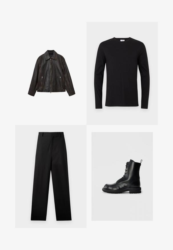 Ruskea nahkatakki, jossa on tyylikäs muotoilu, suuri kaulus, edessä vetoketjusuljenta ja kaksi vetoketjullista taskua. Silkkinen pinta ja hyvin istuva leikkaus.; Musta pitkähihais T-paita, valmistettu puuvillasta, jossa on pyöreä pääntie ja yksinkertainen muotoilu ilman näkyviä kuvioita tai koristeluja.; Mustat puuvillapantsit suoralla lahkeella, joissa on etupuolen nappikiinnitys ja sivutaskut. Kuitenkin sileä pinta, ilman kuvioita.; Musta nahkasaapas nauhalla, paksulla pohjalla ja vetoloopilla, vaalealla taustalla, sivuprofiili vasemmasta saappaasta.