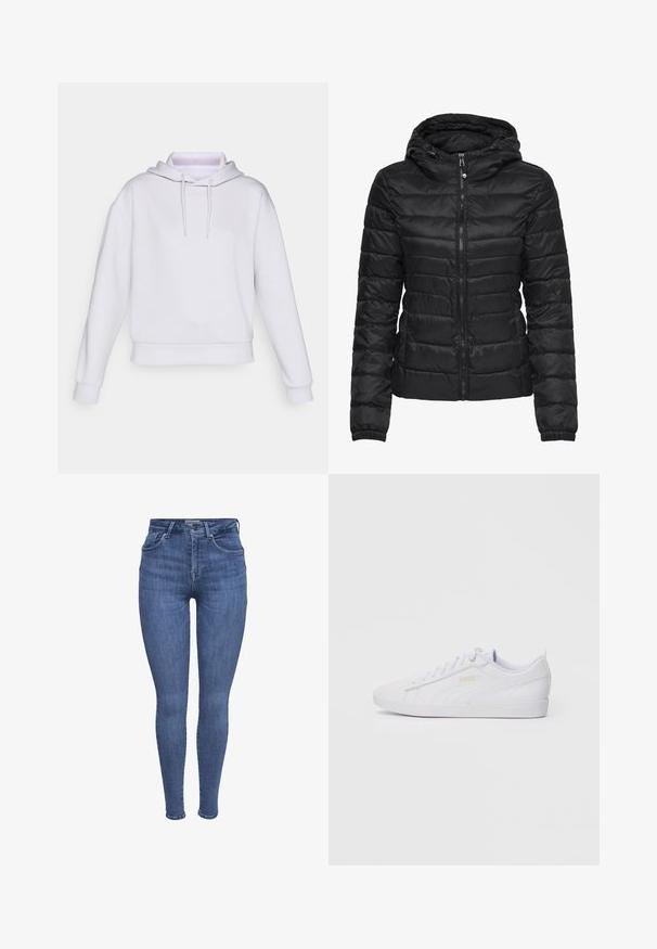 Giacca a vento nera con cappuccio, caratterizzata da un design trapuntato e chiusura con zip. Tessuto morbido e lucido con polsini elasticizzati. Calda e leggera.; Felpa bianca oversize con maniche lunghe, cappuccio con cordino e vita a costine. Realizzata in morbido tessuto liscio, senza fantasie né dettagli.; Jeans skinny blu a vita alta con tasche frontali, chiusura con bottone e zip, e passanti per cintura, esposti su uno sfondo bianco.; Sneaker Puma bassa bianche con lacci, branding discreto sul lato e sulla suola, e tomaia in sintetico liscio per un look casual.