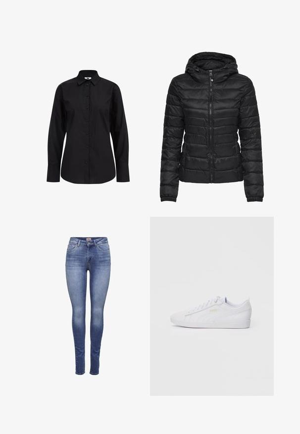Giacca a vento nera con cappuccio, caratterizzata da un design trapuntato e chiusura con zip. Tessuto morbido e lucido con polsini elasticizzati. Calda e leggera.; Camicia nera a maniche lunghe con bottoni, realizzata in un tessuto morbido, caratterizzata da un colletto classico, bottoni frontali e una vestibilità tailored.; Top corti neri in tessuto morbido e elasticizzato, con spalline sottili e design incrociato. Presentano un scollo rotondo e finiture senza cuciture.; Jeans slim fit donna blu con lavaggio sbiadito, tasche frontali, chiusura con bottone e passanti per cintura.; Sneaker Puma bassa bianche con lacci, branding discreto sul lato e sulla suola, e tomaia in sintetico liscio per un look casual.