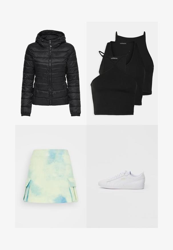 Svart dunjakke med hette, med quiltet design og glidelås. Mykt, blankt stoff med elastiske mansjetter. Varme og lett.; Svart avkortede topper i myk, elastisk stoff med tynne stropper og kryssdesign. Har en rund halsutskjæring og sømløs avslutning.; Kort A-linjeet skjørt i et pastelvannfarger mønster med blå og grønne toner. Har sidelommer og en glatt stofftekstur.; Hvit lavtopps Puma-sneaker med snøring foran, subtil merkevare på siden og sålen, og glatt syntetisk overdel for hverdagsbruk.