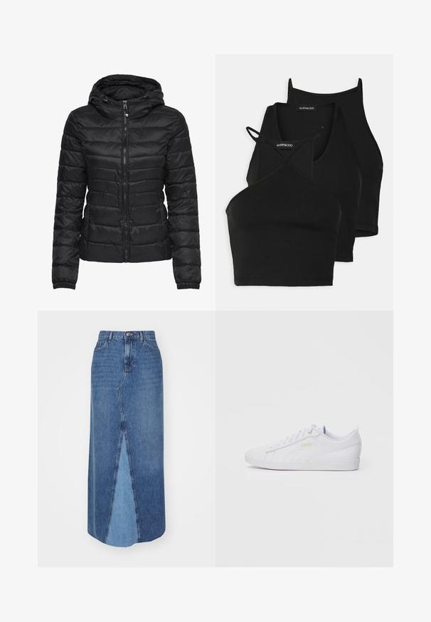 Svart pufferjacka med huva, med ett quiltat mönster och dragkedjestängning. Mjukt, glänsande tyg med elastiska ärmslut. Varm och lätt.; Svarta korta toppar i mjukt, stretchigt tyg med tunna remmar och ett korskorsdesign. Har en rundad halsringning och sömlös finish.; Denim maxikjol med hög midja, en framfick och en färgblockdesign med mörkare och ljusare nyanser av blått.; Vita låg-top Puma sneaker med snörning fram, subtil logotyp på sidan och sulan, samt en slät syntetisk ovandel för avslappnat bruk.
