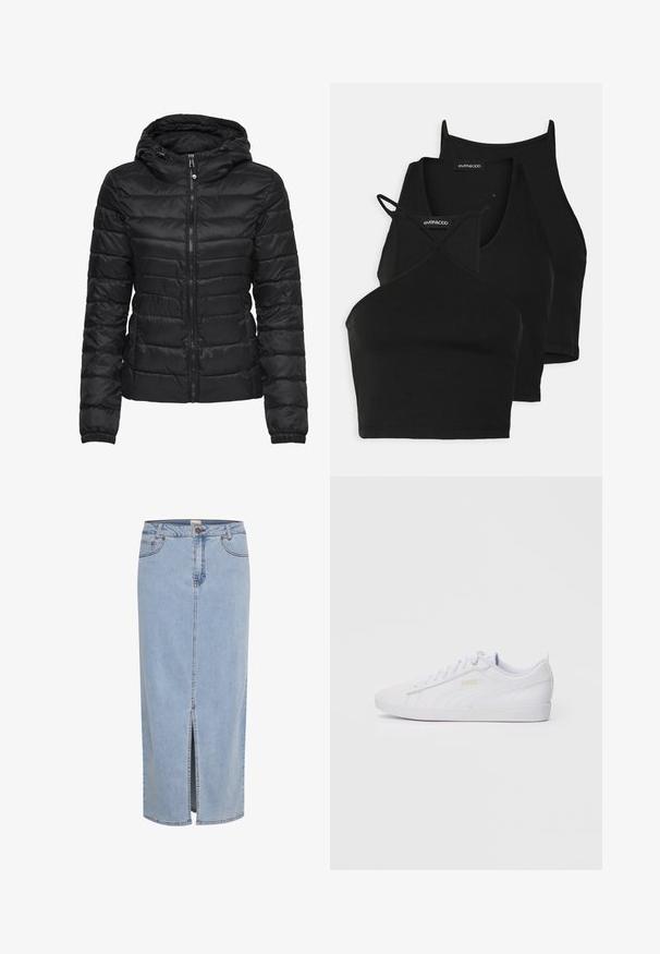 Melna pūka jaka ar kapuci, ar izšūtu dizainu un rāvējslēdzēju. Mīksta, spīdīga auduma ar elastīgām piedurknēm. Silta un viegla.; Melnas īsās blūzes no mīksta, stiepjama auduma ar plānām siksnām un krustveida dizainu. Iekļauj apaļu kakla izgriezumu un bezšuvju apdari.; Gaiša zila denima svārki, līdz ceļiem, ar priekšējo pārslēgumu, jostas cilpām un metālisku pogu aizdari ar kontrastējošu diegu šuvēm.; Baltās zemas Puma kedas ar šņorēšanu priekšpusē, diskrēta zīmola simbolika uz sāniem un zoles, kā arī gluda sintētiska virsma ikdienas valkāšanai.