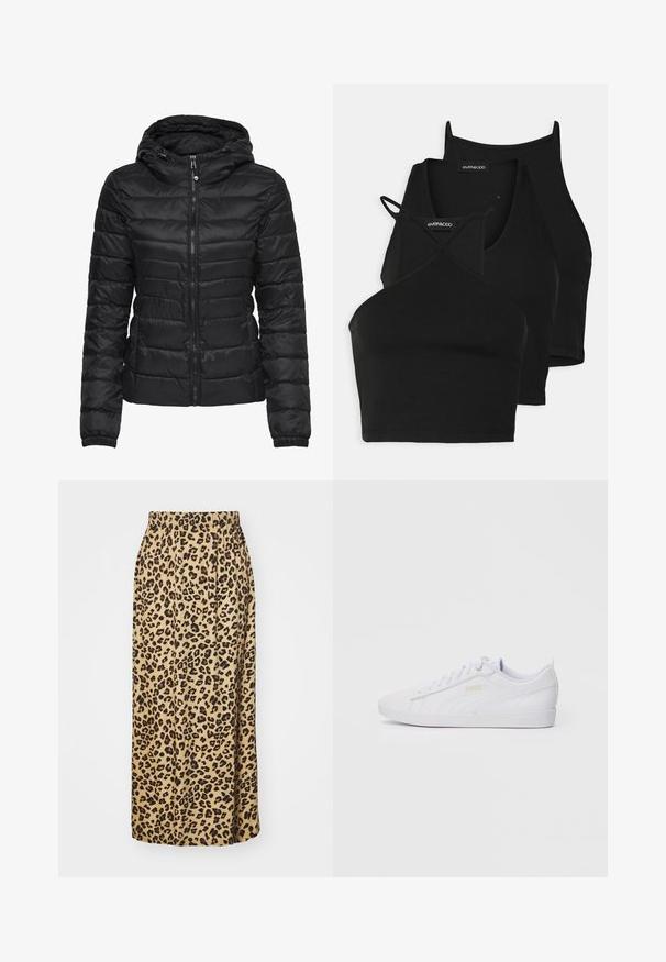 Doudoune noire avec capuche, présentant un design matelassé et une fermeture éclair. Tissu doux et brillant avec des poignets élastiques. Chaude et légère.; Des tops noirs courts en tissu doux et extensible avec des fines bretelles et un design croisé. Ils présentent un col arrondi et des finitions sans couture.; Jupe longue en tissu beige à imprimé léopard, avec une taille élastique, présentant une texture lisse et un design plissé.; Baskets Puma basses blanches avec un laçage à l'avant, un branding subtil sur le côté et la semelle, et une tige en synthétique lisse pour une tenue décontractée.