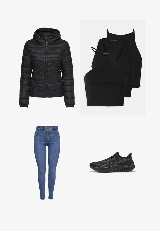 Crna puffer jakna s kapuljačom, s kvadratnim dezenom i zatvaračem. Mekani, sjajni materijal s elastičnim manžetama. Topla i lagana.; Crni skraćeni topovi od mekog, rastezljivog materijala s tankim trakama i dizajnom u obliku križa. Imaju zaobljeni izrez i bezšavnu obradu.; Plave uske traperice viskog struka s prednjim džepovima, dugmetom, zatvaranjem na patentni zatvarač i petljama za pojas, prikazane na bijeloj pozadini.; Crne sportske tenisice s mrežastim gornjištem, strukturiranim detaljima, ravnim vezicama i podlošku koja sadrži valoviti dizajn za prianjanje i udobnost.