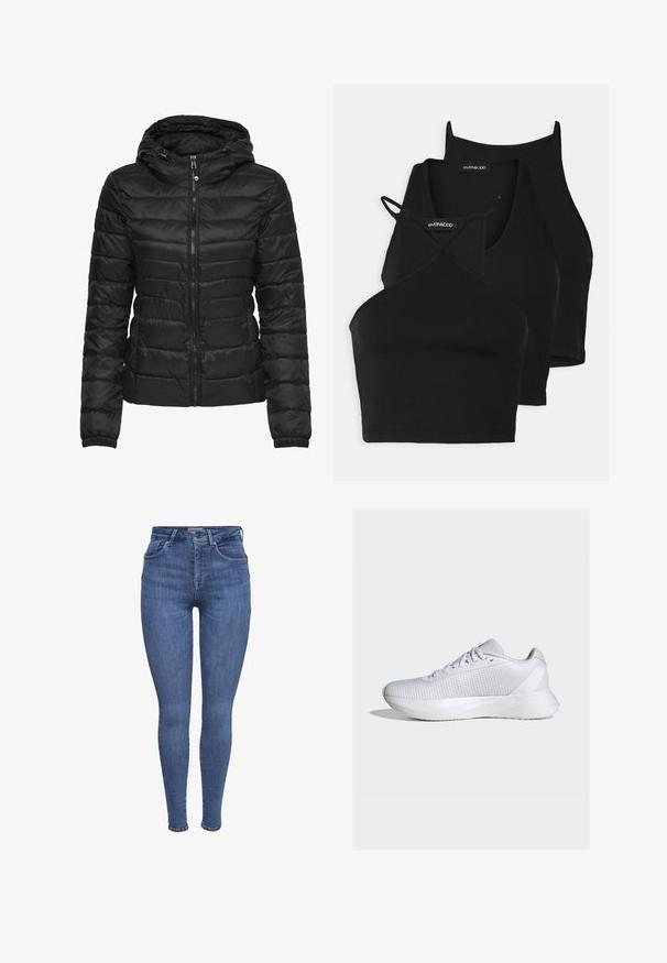 Čierna puffová bunda s kapucňou, s prešívaným dizajnom a zipsom. Mäkka, lesklá látka s elastickými manžetami. Teplá a ľahká.; Čierne skrátené tričká z mäkkého, elastického materiálu s tenkými ramienkami a prekríženým dizajnom. Obsahuje zaoblený výstrih a hladké zakončenie.; Modré úzke džínsy s vysokým pásom, prednými vreckami, zapínaním na gombík a zips, a pútkami na opasok, zobrazené na bielom pozadí.; adidas Performance DURAMO SL W - Cestná bežecká obuv - cloud white/cloud white/grey five
