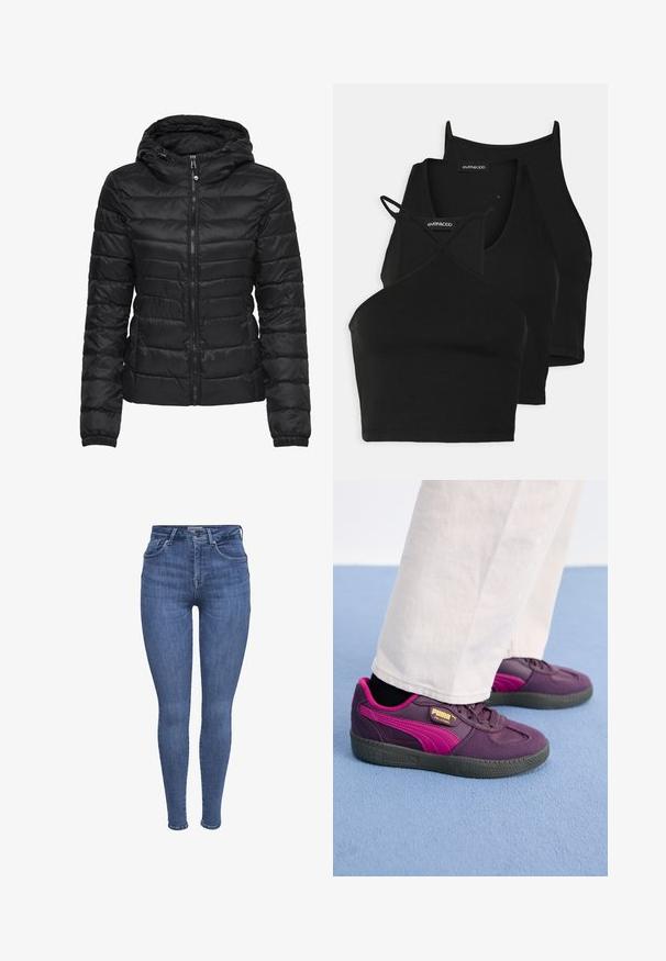Čierna puffová bunda s kapucňou, s prešívaným dizajnom a zipsom. Mäkka, lesklá látka s elastickými manžetami. Teplá a ľahká.; Čierne skrátené tričká z mäkkého, elastického materiálu s tenkými ramienkami a prekríženým dizajnom. Obsahuje zaoblený výstrih a hladké zakončenie.; Modré úzke džínsy s vysokým pásom, prednými vreckami, zapínaním na gombík a zips, a pútkami na opasok, zobrazené na bielom pozadí.; Fialové a ružové tenisky s gumovou podrážkou, s textúrovaným povrchom, šnúrkami a zlatým logom na boku. Biele nohavice kontrastujú s obuvou.