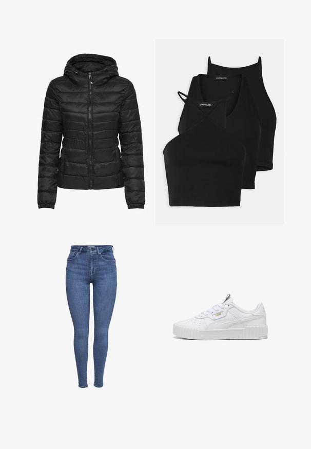 Čierna puffová bunda s kapucňou, s prešívaným dizajnom a zipsom. Mäkka, lesklá látka s elastickými manžetami. Teplá a ľahká.; Čierne skrátené tričká z mäkkého, elastického materiálu s tenkými ramienkami a prekríženým dizajnom. Obsahuje zaoblený výstrih a hladké zakončenie.; Modré úzke džínsy s vysokým pásom, prednými vreckami, zapínaním na gombík a zips, a pútkami na opasok, zobrazené na bielom pozadí.; Biele tenisky vyrobené z texturovanej syntetickej kože, s hrubou platformou, šnurovacím dizajnom, perforovanými detailmi a subtílnym zlatým brandingom.