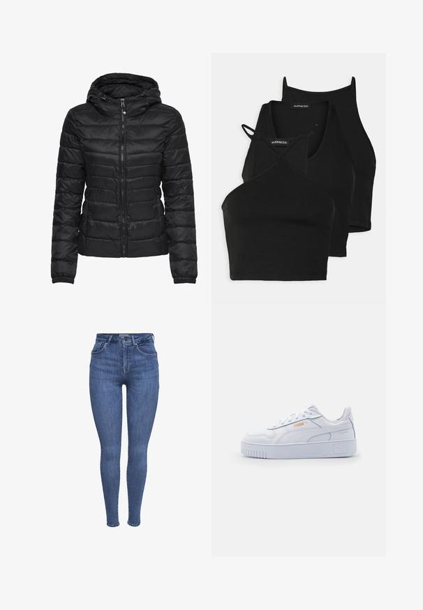 Casaco puffer preto com capuz, apresentando um design acolchoado e fecho de correr. Tecido macio e brilhante com punhos elásticos. Quente e leve.; Top cropped preto em tecido macio e elástico, com alças finas e um design cruzado. Apresenta um decote arredondado e acabamento sem costuras.; Jeans skinny de cintura alta azuis com bolsos frontais, fecho de botão e zíper, e passantes para cinto, exibidos sobre um fundo branco.; Sapatilhas brancas de couro com sola grossa, apresentando uma textura suave, design minimalista, riscas laterais e um pequeno detalhe de logótipo.