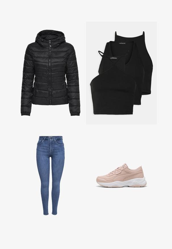 Svart pufferjacka med huva, med ett quiltat mönster och dragkedjestängning. Mjukt, glänsande tyg med elastiska ärmslut. Varm och lätt.; Svarta korta toppar i mjukt, stretchigt tyg med tunna remmar och ett korskorsdesign. Har en rundad halsringning och sömlös finish.; Blå högmidjade skinny jeans med frontfickor, knapp, dragkedja och bältesöglor, visade på en vit bakgrund.; Ljust rosa träningssko gjord av syntetläder med vadderad krage, vit mellansula och texturerad yttersula för bra grepp.