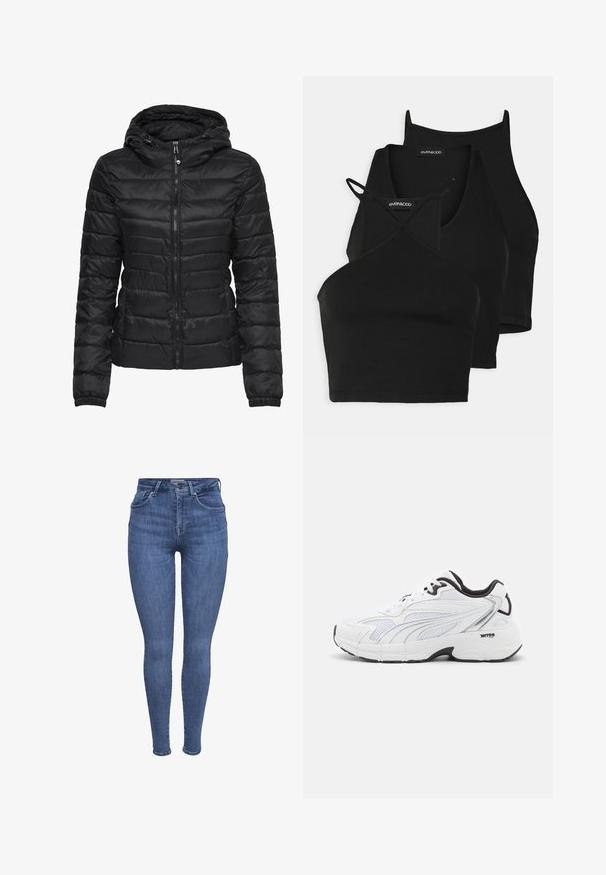 Schwarze Daunenjacke mit Kapuze, ausgestattet mit einem gesteppten Design und einem Reißverschluss. Weicher, glänzender Stoff mit elastischen Bündchen. Warm und leicht.; Schwarze, kurz geschnittene Tops aus weichem, dehnbarem Material mit dünnen Trägern und einem überkreuzten Design. Besitzt einen runden Ausschnitt und nahtlose Abschlüsse.; Blaue hochgeschnittene Skinny-Jeans mit frontalen Taschen, Knopf, Reißverschluss und Gürtelschlaufen, auf einem weißen Hintergrund präsentiert.; Weißer Sport-Schuh mit einem Obermaterial aus Mesh, schwarzen Akzenten, strukturierten Einsätzen und einer gepolsterten Sohle für Komfort und Unterstützung.