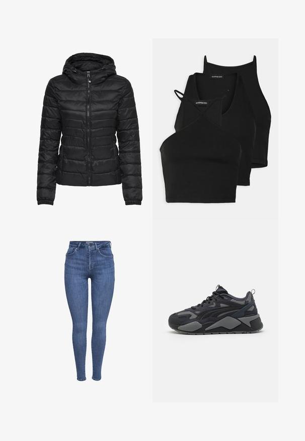 Crna puffer jakna s kapuljačom, s kvadratnim dezenom i zatvaračem. Mekani, sjajni materijal s elastičnim manžetama. Topla i lagana.; Crni skraćeni topovi od mekog, rastezljivog materijala s tankim trakama i dizajnom u obliku križa. Imaju zaobljeni izrez i bezšavnu obradu.; Plave uske traperice viskog struka s prednjim džepovima, dugmetom, zatvaranjem na patentni zatvarač i petljama za pojas, prikazane na bijeloj pozadini.; Crni atletski tenisice s gornjim dijelom od mreže i tekstila s sivim detaljima, masivnim potplatom i prepoznatljivim dizajnerskim linijama.
