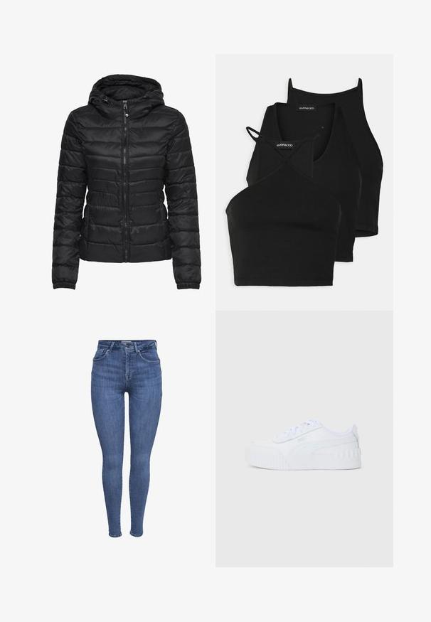 Casaco puffer preto com capuz, apresentando um design acolchoado e fecho de correr. Tecido macio e brilhante com punhos elásticos. Quente e leve.; Top cropped preto em tecido macio e elástico, com alças finas e um design cruzado. Apresenta um decote arredondado e acabamento sem costuras.; Jeans skinny de cintura alta azuis com bolsos frontais, fecho de botão e zíper, e passantes para cinto, exibidos sobre um fundo branco.; Sapatilha baixa branca da Puma com fecho de atacadores, sola de borracha texturizada e logótipo da marca na lateral e na aba do calcanhar.
