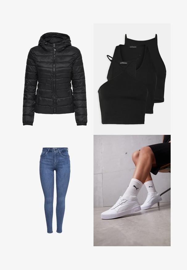 Crna puffer jakna s kapuljačom, s kvadratnim dezenom i zatvaračem. Mekani, sjajni materijal s elastičnim manžetama. Topla i lagana.; Crni skraćeni topovi od mekog, rastezljivog materijala s tankim trakama i dizajnom u obliku križa. Imaju zaobljeni izrez i bezšavnu obradu.; Plave uske traperice viskog struka s prednjim džepovima, dugmetom, zatvaranjem na patentni zatvarač i petljama za pojas, prikazane na bijeloj pozadini.; Bijele tenisice s glatkom sintetičkom gornjom strukturom, čvrstim đonom i teksturiranim akcentima. Nosene s bijelim rebrastim čarapama koje imaju mali logo.