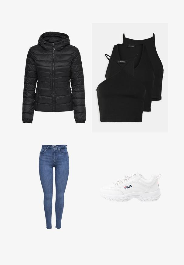 Jachetă puffer neagră cu glugă, cu un design matlasat și închidere cu fermoar. Material moale și lucios, cu manșete elastice. Călduroasă și ușoară.; Topuri negre scurte dintr-un material moale și elastic, cu bretele subțiri și un design în cruce. Prezintă un decolteu rotund și finisaj fără cusături.; Jeans skinny cu talie înaltă, de culoare albastră, cu buzunare frontale, închidere cu nasture și fermoar, și curea, expuși pe un fundal alb.; Adidași albi sport, cu un superior din piele netedă, având o talpă din cauciuc texturat, gauri metalice pentru șireturi și un logo contrastant pe lateral.