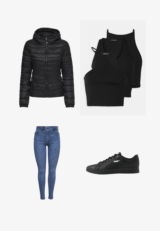 Casaco puffer preto com capuz, apresentando um design acolchoado e fecho de correr. Tecido macio e brilhante com punhos elásticos. Quente e leve.; Top cropped preto em tecido macio e elástico, com alças finas e um design cruzado. Apresenta um decote arredondado e acabamento sem costuras.; Jeans skinny de cintura alta azuis com bolsos frontais, fecho de botão e zíper, e passantes para cinto, exibidos sobre um fundo branco.; Sapatilhas atléticas pretas, feitas de um sintético liso, com bico arredondado, design de atacadores e detalhes em branco no lado e na língua.