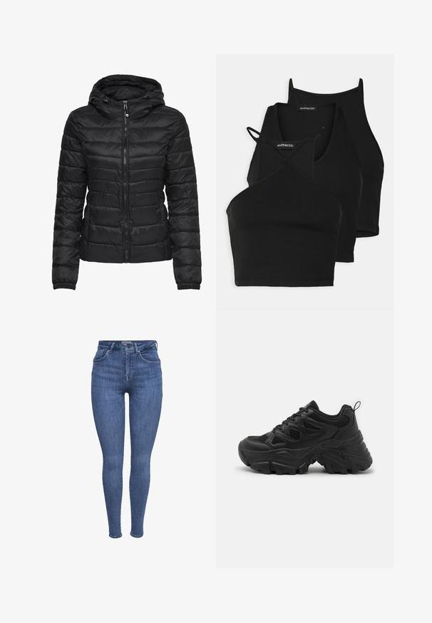 Must musta jope kapuutsiga, millel on tikandiga disain ja lukuga sulgemine. Pehme, läikiv kangas elastsete mansettidega. Soe ja kerge.; Mustad lühikesed topid pehmest, venivast kangast õhukeste rihmadega ja ristuvate elementidega. Omab ümarat kaelust ja õmblusteta viimistlust.; Sinine kõrge vöökohaga kitsas teksapaar, millel on ees taskud, nupud, lukuklahvi sulgemine ja vöörihmad, esitatud valgel taustal.; Mustad mustsussid tekstureeritud võrgust pealmise, kõverda kummitald ja silmapaistva tallamustriga. Omavad integreeritud paelu ja tõmbeaasat.