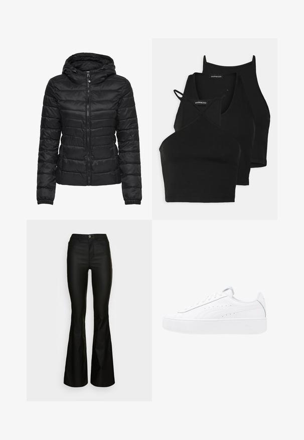 Schwarze Daunenjacke mit Kapuze, ausgestattet mit einem gesteppten Design und einem Reißverschluss. Weicher, glänzender Stoff mit elastischen Bündchen. Warm und leicht.; Schwarze, kurz geschnittene Tops aus weichem, dehnbarem Material mit dünnen Trägern und einem überkreuzten Design. Besitzt einen runden Ausschnitt und nahtlose Abschlüsse.; Schwarze Schlagjeans mit tailliertem Bund, Reißverschluss und fünf Taschen. Aus glattem Denim mit glänzender Oberfläche und ohne sichtbare Muster.; Weiße Plattform-Sneaker mit Obermaterial aus Leder, runder Zehenform und Schnürverschluss. Verfügt über seitliche Perforationen und dezentes Branding an der Ferse.