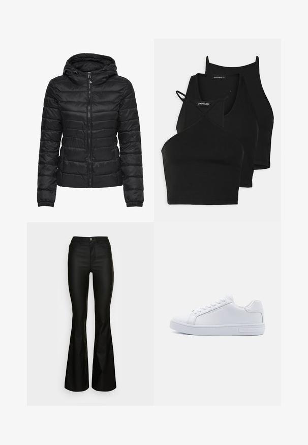 Must musta jope kapuutsiga, millel on tikandiga disain ja lukuga sulgemine. Pehme, läikiv kangas elastsete mansettidega. Soe ja kerge.; Mustad lühikesed topid pehmest, venivast kangast õhukeste rihmadega ja ristuvate elementidega. Omab ümarat kaelust ja õmblusteta viimistlust.; Mustad flared teksad, millel on sobiv vöökoht, lukuga kinniti ja viis taskut. Valmistatud siledast denimist, millel on läikiv pind ja nähtamatud mustrid.; Valged nahast madalad tennisetossud ümarate varvastega, lamedate kummist talladega ja logodetailiga külgedel. Omab kuut paari silmuseid ja tekstuurilisi aksente.