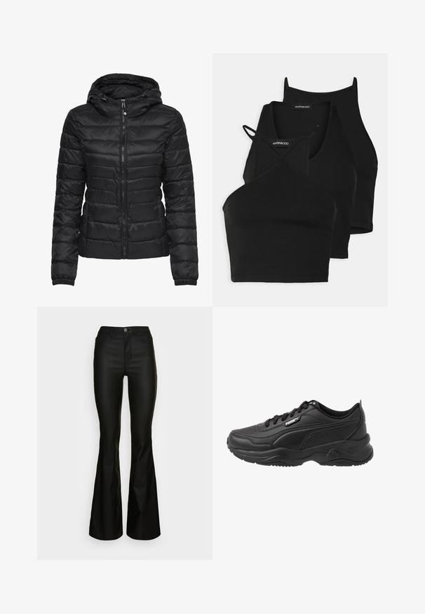 Black puffer jacket with a hood, featuring a quilted design and zipper closure. Soft, shiny fabric with elastic cuffs. Warm and lightweight.; Black cropped tops in soft, stretchy fabric with thin straps and a crisscross design. Features a rounded neckline and seamless finishing.; Black flared jeans featuring a fitted waist, zip fly, and five pockets. Made of smooth denim with a polished finish and no visible patterns.; Black athletic shoes made of smooth leather, featuring a padded collar, rounded toe, laces, and Puma logo on the side.