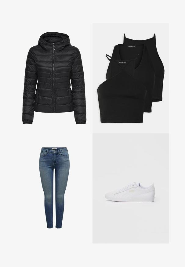 Fekete puffertakó kapucnival, steppelt mintával és cipzáras záródással. Puha, fényes anyag, elasztikus mandzsettákkal. Meleg és könnyű.; Fekete, rövidített felsők puha, ruganyos anyagból vékony pántokkal és keresztbe fonott kivágással. Lekerekített nyakkivágással és varrás nélküli kidolgozással rendelkezik.; Karcsú kék farmernadrág, közepes derékmagassággal, elülső zsebekkel és géppel töredezett széllel. Az anyagnak finom, kopott hatása van.; Fehér, alacsony szárú Puma sneaker, fűzős elülső résszel, diszkrét logóval az oldalon és a talpon, sima szintetikus felsőrésszel, amely laza viselethez készült.
