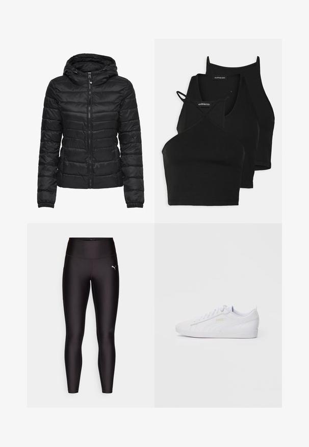 Zwarte pufferjack met een capuchon, met een gestikt ontwerp en ritssluiting. Zacht, glanzend stof met elastische manchetten. Warm en licht van gewicht.; Zwarte, cropped tops van zachte, elastische stof met dunne bandjes en een kruisdesign. Heeft een ronde halslijn en naadloze afwerking.; Zwarte leggings van rekbare stof, met een hoge tailleband, een slank design en een klein wit logo op de linkerdij.; Witte lage Puma sneakers met gevlochten veters, subtiele branding aan de zijkant en onderzijde, en een gladde synthetische bovenkant voor casual gebruik.