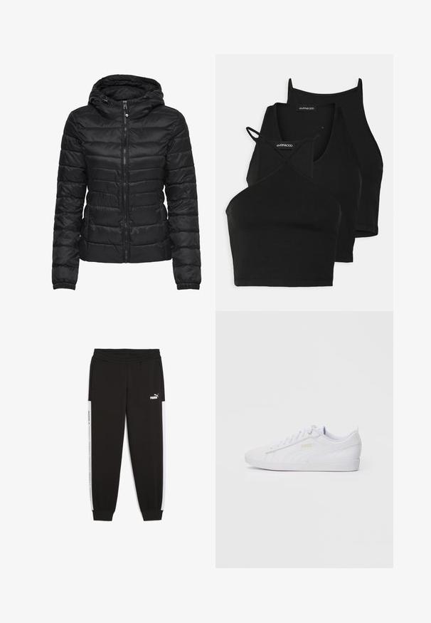Svart pufferjacka med huva, med ett quiltat mönster och dragkedjestängning. Mjukt, glänsande tyg med elastiska ärmslut. Varm och lätt.; Svarta korta toppar i mjukt, stretchigt tyg med tunna remmar och ett korskorsdesign. Har en rundad halsringning och sömlös finish.; Svarta mjukisbyxor med elastisk midja, sidofickor och vita sidostråk med logodetaljer. Tillverkade av mjukt, elastiskt material.; Vita låg-top Puma sneaker med snörning fram, subtil logotyp på sidan och sulan, samt en slät syntetisk ovandel för avslappnat bruk.