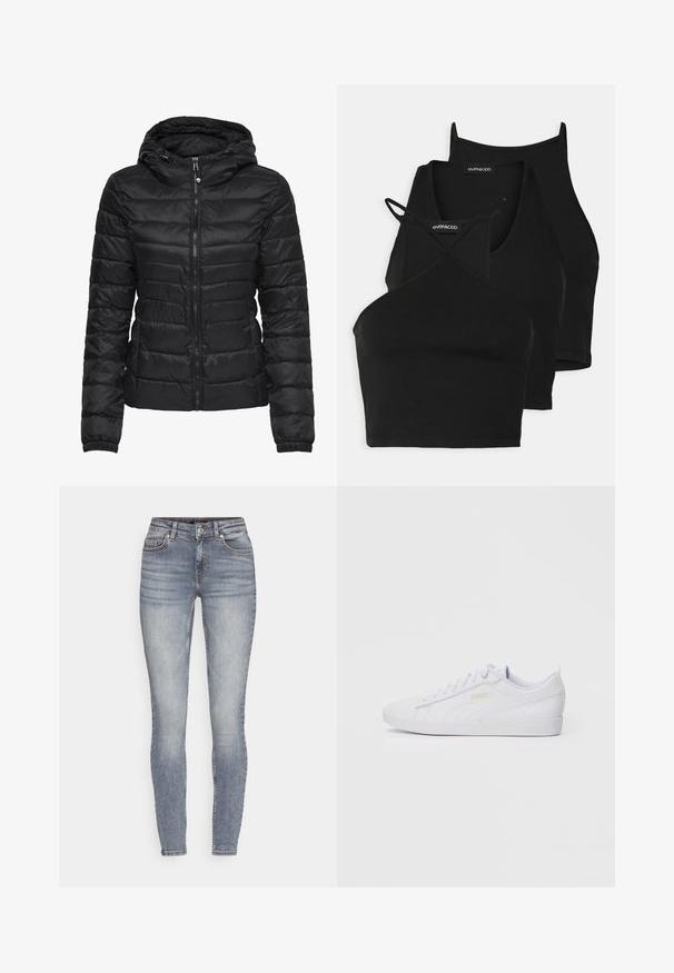 Čierna puffová bunda s kapucňou, s prešívaným dizajnom a zipsom. Mäkka, lesklá látka s elastickými manžetami. Teplá a ľahká.; Čierne skrátené tričká z mäkkého, elastického materiálu s tenkými ramienkami a prekríženým dizajnom. Obsahuje zaoblený výstrih a hladké zakončenie.; Slim-fit, svetlomodré rifľové nohavice s vyblednutým vzhľadom, dizajnom s piatimi vreckami a jemným prešitím. Obsahujú pútká na opasok a zips.; Biele nízkopriehnuté tenisky Puma s šnurovaním vpredu, decentným brandingom na boku a podošve a hladkým syntetickým zvrškom, ideálne na príležitostné nosenie.