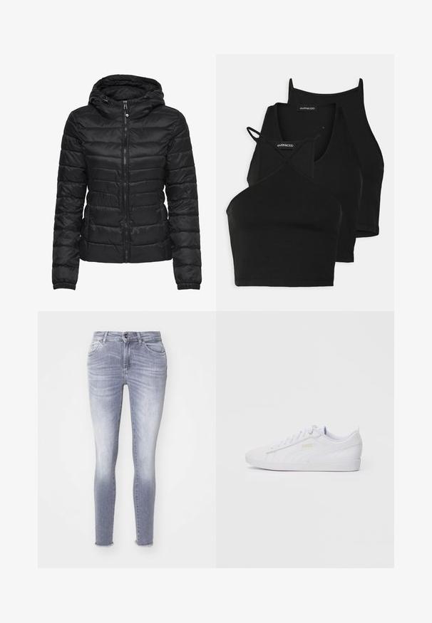 Chaqueta de plumas negra con capucha, con un diseño acolchado y cierre de cremallera. Tejido suave y brillante con puños elásticos. Cálida y ligera.; Top cortos negros en tela suave y elástica con tirantes delgados y diseño entrelazado. Presenta un escote redondeado y terminado sin costuras.; Jeans ajustados en denim azul claro, con un lavado desvanecido, cinco bolsillos y un dobladillo deshilachado. Detalles de costura sutiles en toda la prenda.; Zapatilla baja blanca de Puma con cierre de cordones en la parte delantera, un logo sutil en el lado y la suela, y una parte superior de material sintético suave para uso casual.