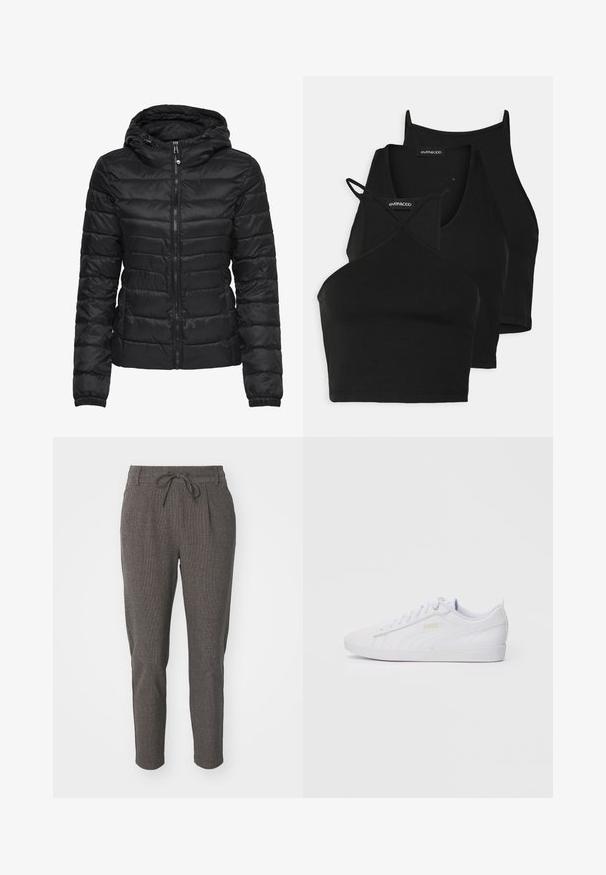 Svart dunjakke med hette, med quiltet design og glidelås. Mykt, blankt stoff med elastiske mansjetter. Varme og lett.; Svart avkortede topper i myk, elastisk stoff med tynne stropper og kryssdesign. Har en rund halsutskjæring og sømløs avslutning.; Grå teksturerte bukser med snøring i livet, smale ben og frontfalter for ekstra detaljer. Lett stoff, egnet for hverdagsbruk.; Hvit lavtopps Puma-sneaker med snøring foran, subtil merkevare på siden og sålen, og glatt syntetisk overdel for hverdagsbruk.