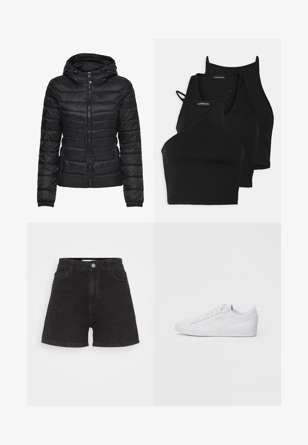 Svart dunjakke med hette, med quiltet design og glidelås. Mykt, blankt stoff med elastiske mansjetter. Varme og lett.; Svart avkortede topper i myk, elastisk stoff med tynne stropper og kryssdesign. Har en rund halsutskjæring og sømløs avslutning.; Sorte denimshorts med høy midje, fem lommer og knappelukking foran. Har et rent og ubrukt design.; Hvit lavtopps Puma-sneaker med snøring foran, subtil merkevare på siden og sålen, og glatt syntetisk overdel for hverdagsbruk.
